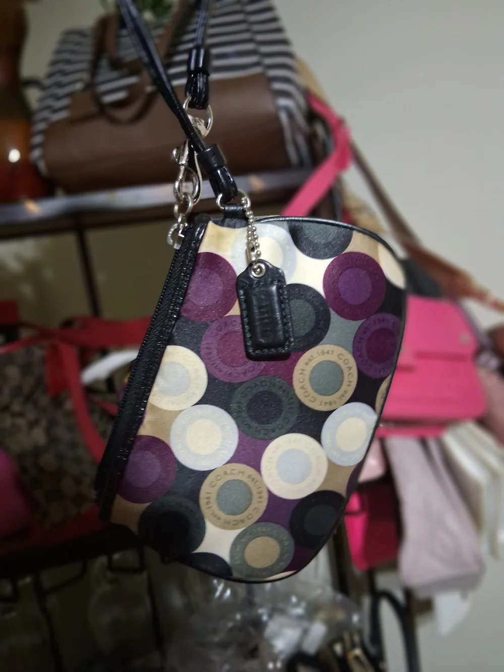 Coach Purple Multi Circle Pattern Wristlet with Black Trim